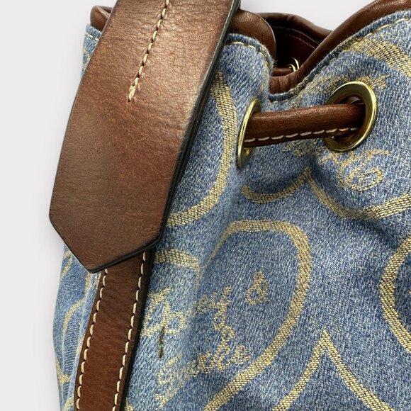 Vintage Dooney & Bourke Blue Denim Canvas Hearts Sig Drawstring Bucket Bag - Picture 12 of 15